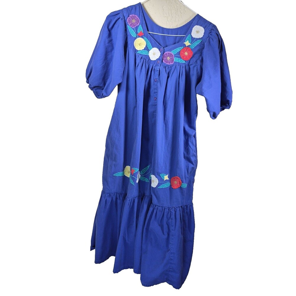 NAQUI Bold Floral Embroidered Cotton House Dress Size L Mexican Style Boho Blue